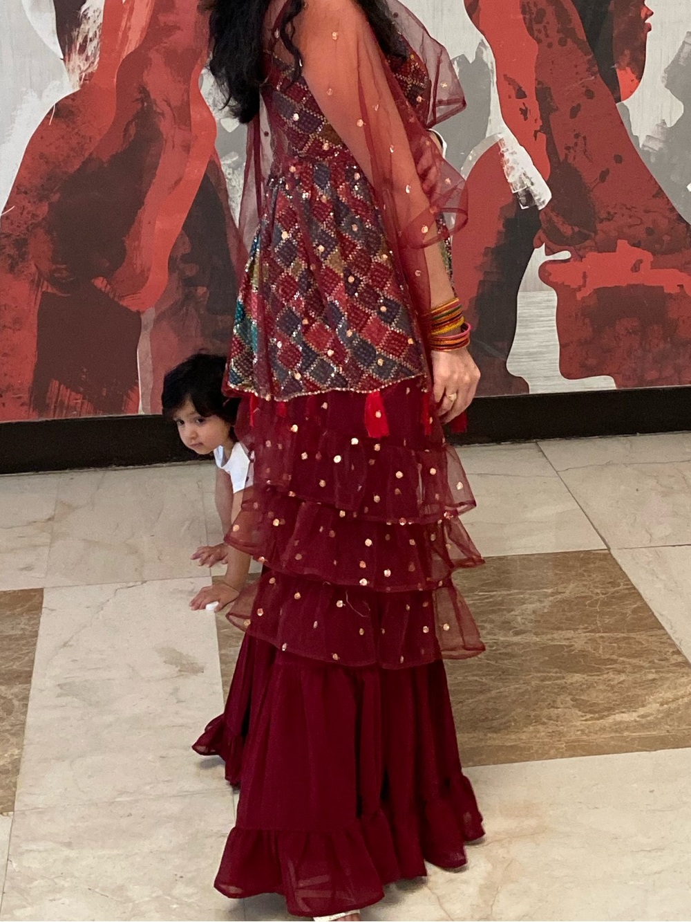Red Embellished Indian sharara  Set with Sequined Dupatta - Picture 3 of 5